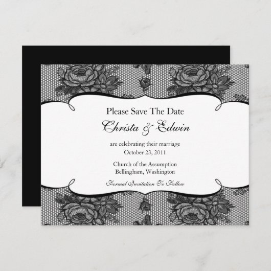 Black French Lace Save the Date Notice (Voorkant / Achterkant)