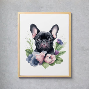 Black Frenchie Pug Dog Floral Waterverf Poster