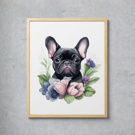 Black Frenchie Pug Dog Floral Waterverf Poster
