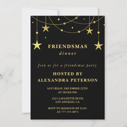 Black Friendsmas uitnodigingen Gold Stars (Voorkant)