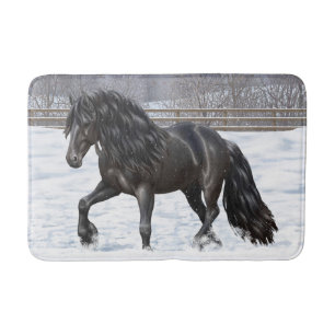 Black Friesian Draft Horse in Snow Badmat
