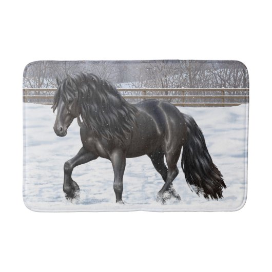 Black Friesian Draft Horse in Snow Badmat (Voorkant)