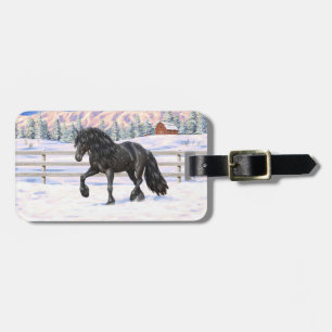 Black Friesian Draft Horse in Snow Bagagelabel