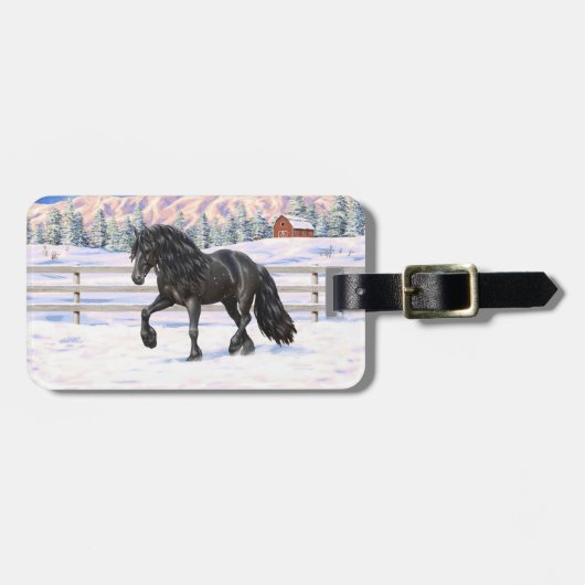 Black Friesian Draft Horse in Snow Bagagelabel (Voorkant horizontaal)