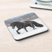 Black Friesian Draft Horse in Snow Bier Onderzetter (Linkerzijde)