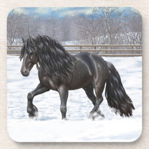 Black Friesian Draft Horse in Snow Bier Onderzetter