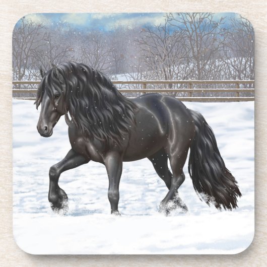 Black Friesian Draft Horse in Snow Bier Onderzetter (Voorkant)