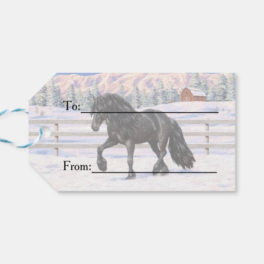 Black Friesian Draft Horse in Snow Cadeaulabel (Achterkant Horizontaal)
