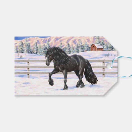 Black Friesian Draft Horse in Snow Cadeaulabel (Voorkant (Horizontaal))