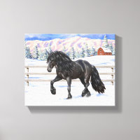 Black Friesian Draft Horse in Snow