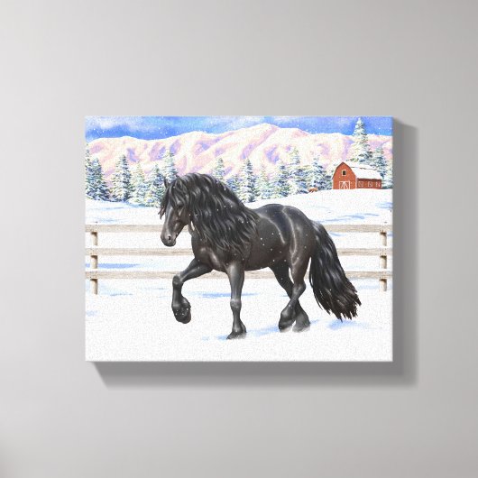 Black Friesian Draft Horse in Snow Canvas Afdruk (Voorkant)