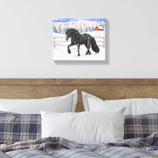 Black Friesian Draft Horse in Snow Canvas Afdruk (Insitu (Slaapkamer))