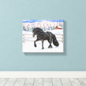 Black Friesian Draft Horse in Snow Canvas Afdruk (Insitu (Houten vloer))