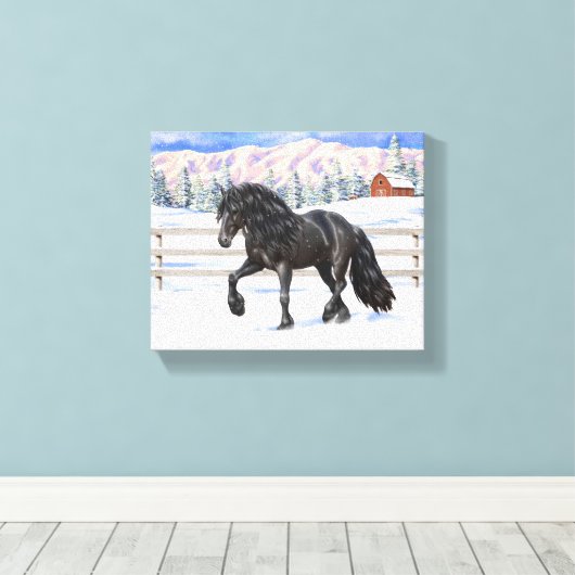 Black Friesian Draft Horse in Snow Canvas Afdruk (Insitu (Houten vloer))