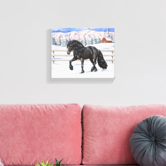 Black Friesian Draft Horse in Snow Canvas Afdruk (Insitu (Woonkamer))