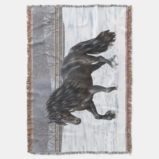 Black Friesian Draft Horse in Snow Deken (Voorkant Verticaal)