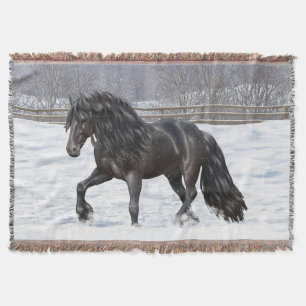 Black Friesian Draft Horse in Snow Deken
