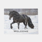 Black Friesian Draft Horse in Snow Deurmat (Voorkant)