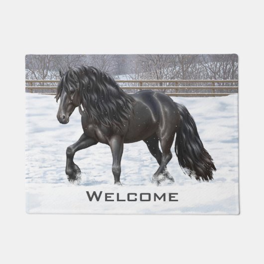 Black Friesian Draft Horse in Snow Deurmat (Voorkant)