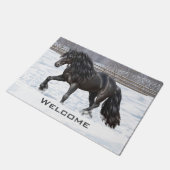 Black Friesian Draft Horse in Snow Deurmat (Schuin)