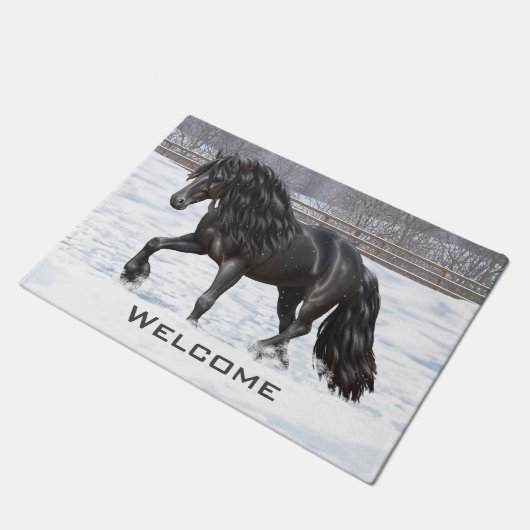 Black Friesian Draft Horse in Snow Deurmat (Schuin)
