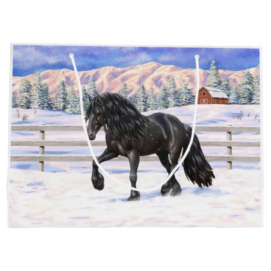 Black Friesian Draft Horse in Snow Groot Cadeauzakje (Achterkant)