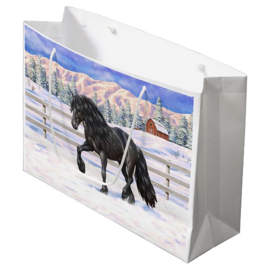 Black Friesian Draft Horse in Snow Groot Cadeauzakje (Voorkant Gekanteld)