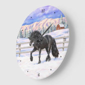 Black Friesian Draft Horse in Snow Grote Klok (Hoek)