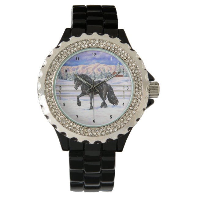 Black Friesian Draft Horse in Snow Horloge (Voorkant)