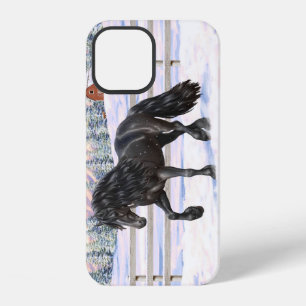 Black Friesian Draft Horse in Snow iPhone 12 Hoesje