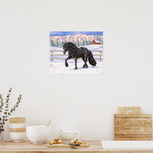 Black Friesian Draft Horse in Snow Poster (Keuken)