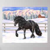 Black Friesian Draft Horse in Snow Poster (Voorkant)