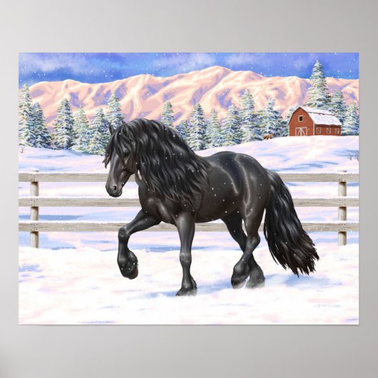 Black Friesian Draft Horse in Snow Poster (Voorkant)