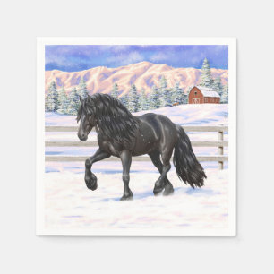 Black Friesian Draft Horse in Snow Servet