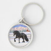 Black Friesian Draft Horse in Snow Sleutelhanger (Voorkant)