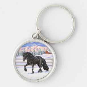 Black Friesian Draft Horse in Snow Sleutelhanger