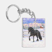Black Friesian Draft Horse in Snow Sleutelhanger (Voorkant Links)