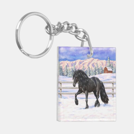 Black Friesian Draft Horse in Snow Sleutelhanger (Voorkant Links)