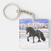 Black Friesian Draft Horse in Snow Sleutelhanger (Voorkant)