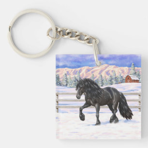 Black Friesian Draft Horse in Snow Sleutelhanger