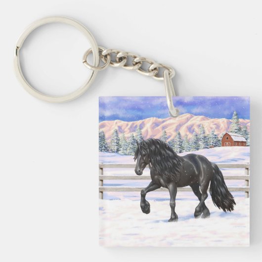 Black Friesian Draft Horse in Snow Sleutelhanger (Voorkant)