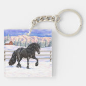Black Friesian Draft Horse in Snow Sleutelhanger (Achterkant)