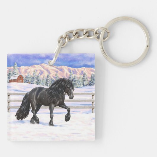 Black Friesian Draft Horse in Snow Sleutelhanger (Achterkant)