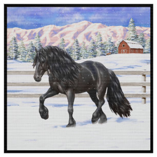 Black Friesian Draft Horse in Snow Stof