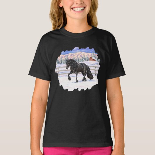 Black Friesian Draft Horse in Snow T-shirt (Voorkant)