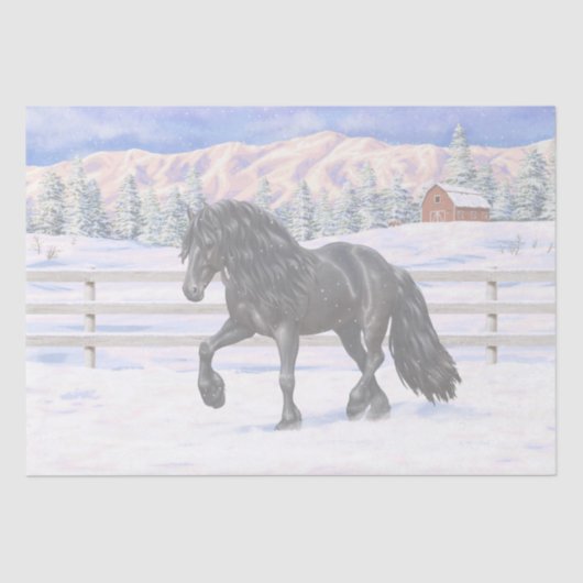 Black Friesian Draft Horse in Snow Tissuepapier (Voorkant)