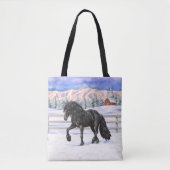 Black Friesian Draft Horse in Snow Tote Bag (Voorkant)