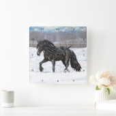 Black Friesian Draft Horse in Snow Vierkante Klok (Huis)