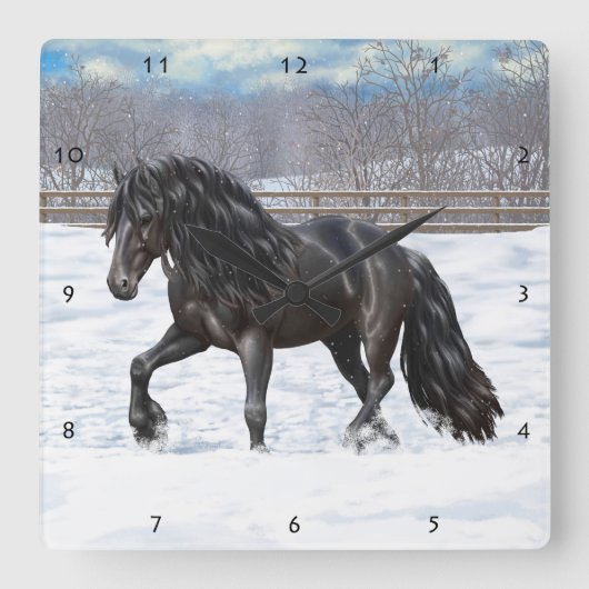 Black Friesian Draft Horse in Snow Vierkante Klok (Voorkant)
