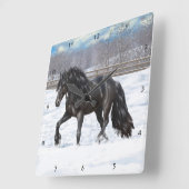 Black Friesian Draft Horse in Snow Vierkante Klok (Hoek)